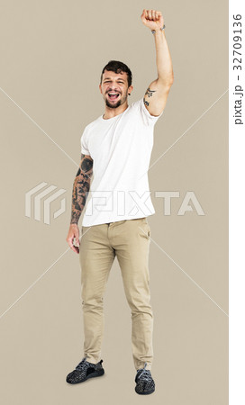 Adult Man Hand Up Smile Expression Studio Portrait Adult Man Hand Up Smile Expression Studio Portrait 32709136