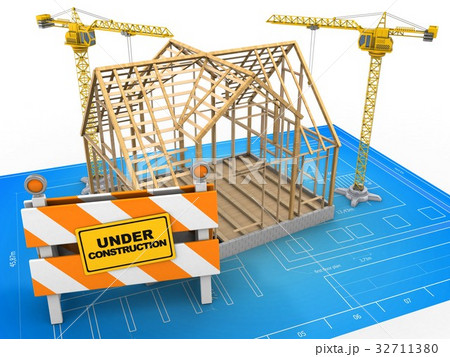 3d illustration of  house frame with two cranes 32711380