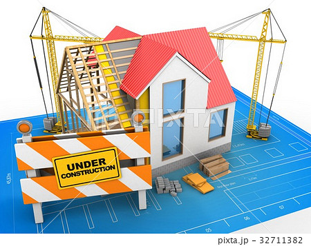 3d illustration of house structure with cranes 32711382