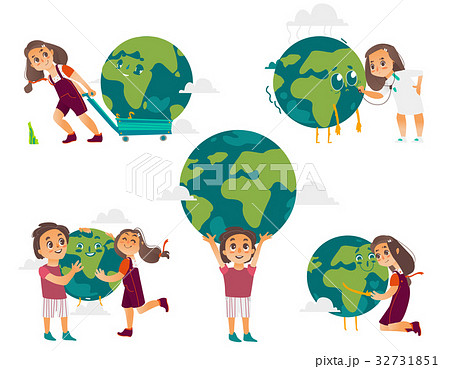 Kids hugging, holding, playing with Globe, Earth 32731851