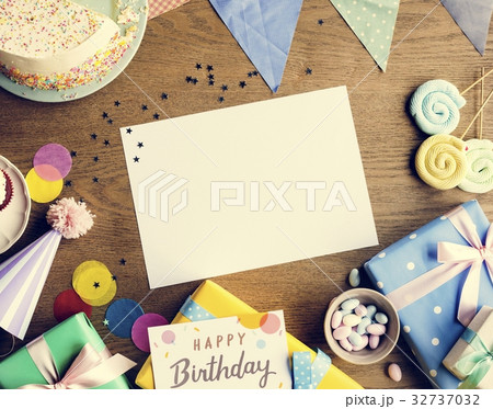 Birthday Celebration with Cake Presents Card Copy Space 32737032