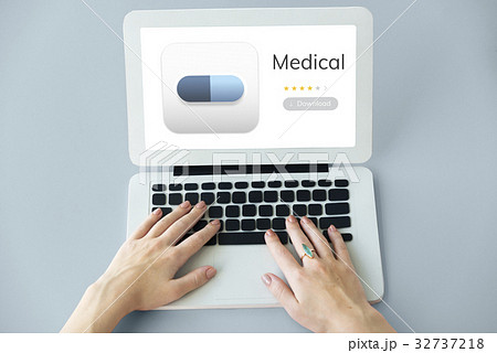 Hands working on laptop network graphic overlay Hands working on laptop network graphic overlay 32737218
