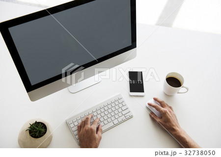 Computer Digital Device Copy Space Workplace Aerial View 32738050