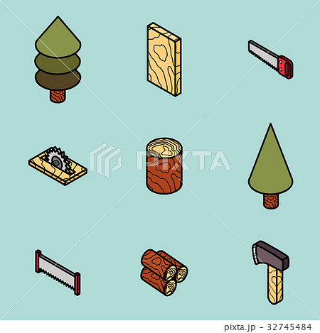 lumberjack flat outline isometric set 32745484