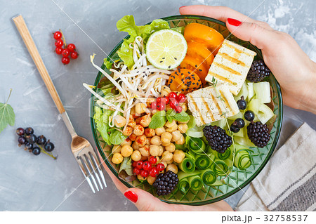 buddha bowl of vegetables, chickpeas and tofu. buddha bowl of vegetables, chickpeas and tofu. 32758537