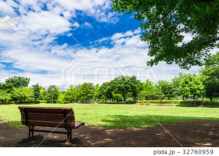 夏の青空と木陰のベンチの写真素材 [32760959] - PIXTA