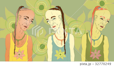 sad male hippie, with a pigtail. A set of three sad male hippie, with a pigtail. A set of three 32770249