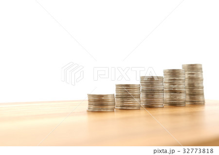 Selective focus stack of coins money on pile  32773818