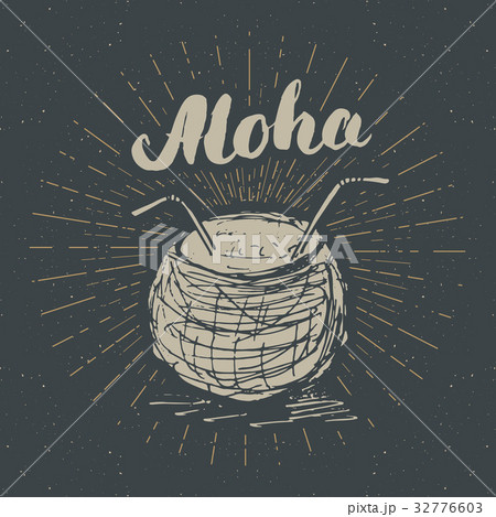 Vintage label, coconut with lettering aloha vector 32776603