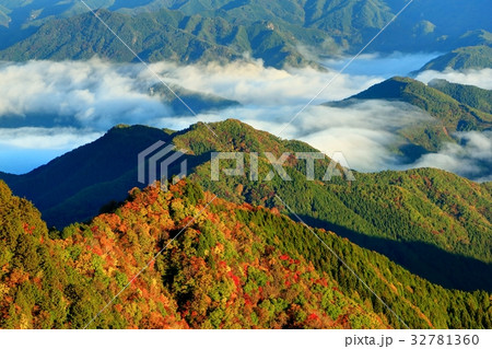 奥秩父・両神山稜線から望む紅葉の尾根 奥秩父・両神山稜線から望む紅葉の尾根 32781360