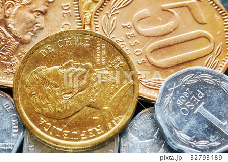 Extreme close up picture of Chilean peso coins. 32793489