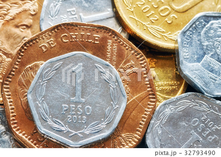Extreme close up picture of Chilean peso coins. 32793490