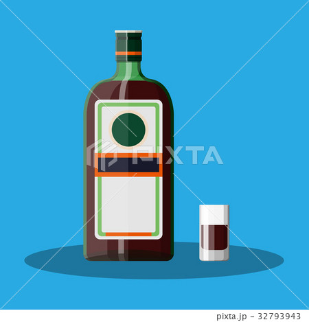 Bottle of grass liquor with shot glass. Bottle of grass liquor with shot glass. 32793943