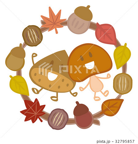 秋のリース 栗と茸のキャラクターのイラスト素材