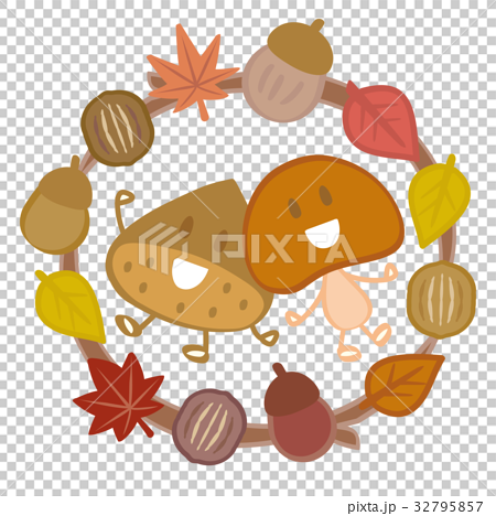 秋のリース 栗と茸のキャラクターのイラスト素材