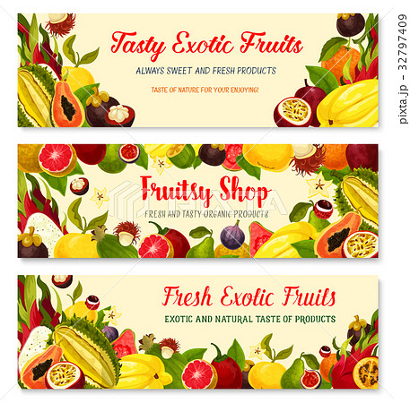 Vector banners of exotic fresh tropical fruits Vector banners of exotic fresh tropical fruits 32797409