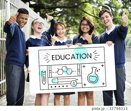 Group of students with illustration of science chemistry experiment study 32798313