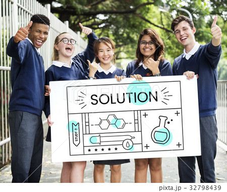 Group of students with illustration of science chemistry experiment study Group of students with illustration of science chemistry experiment study 32798439