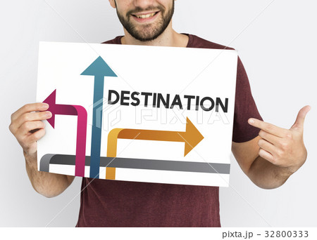 Man holding banner of opportunities at turning point 32800333