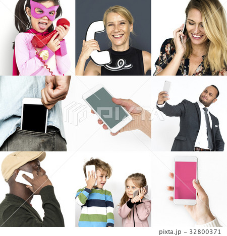 Set of Diverse People Using Telephone Studio Collage 32800371