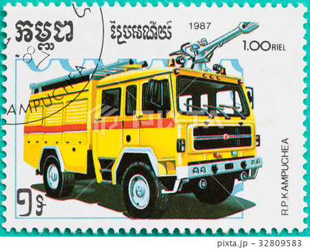 Postage stamps with printed in Cambodia firetruck 32809583