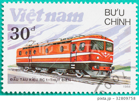 Postage stamps shows diesel locomotive train 32809758