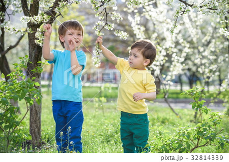 Happy little kids in spring garden with blooming 32814339