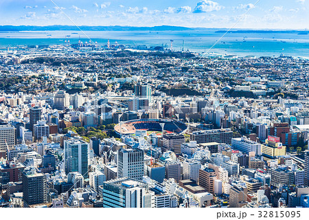 横浜スタジアムと中央区周辺の町並みの写真素材