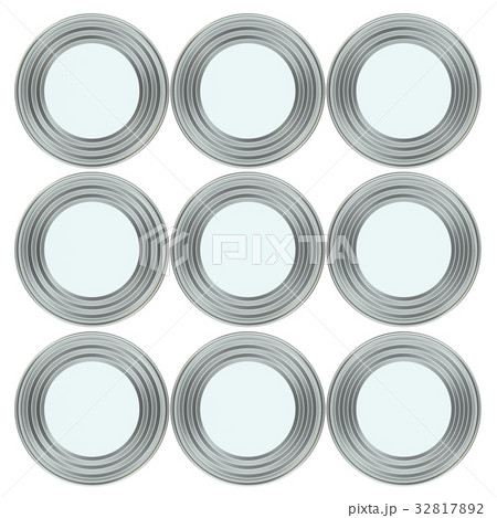 Group of metal tin cans with white paper labels 32817892