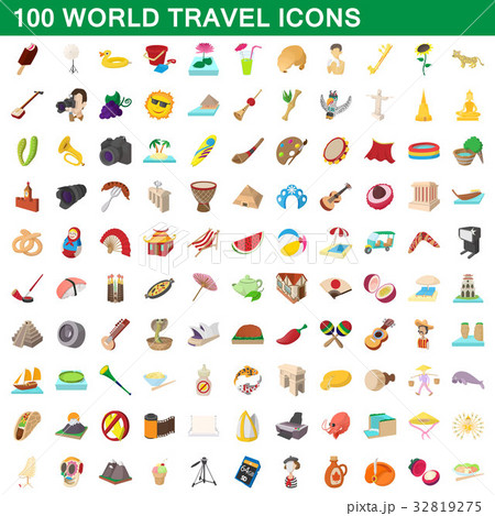 100 world travel icons set, cartoon style 100 world travel icons set, cartoon style 32819275