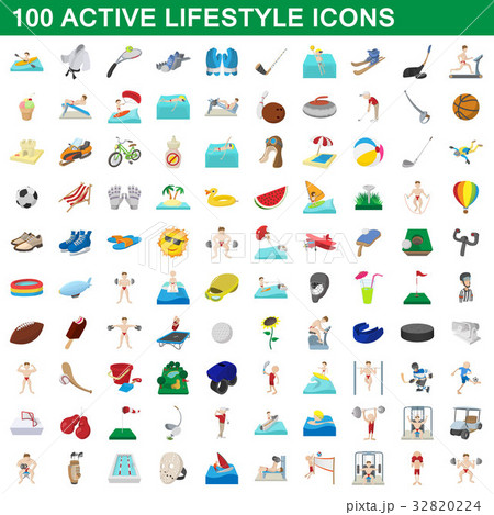 100 active lifestyle icons set, cartoon style 32820224