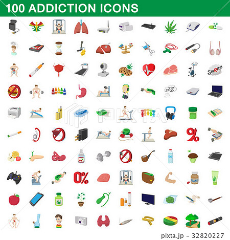 100 addiction icons set, cartoon style 32820227
