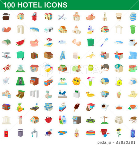 100 hotel icons set, cartoon style 100 hotel icons set, cartoon style 32820281