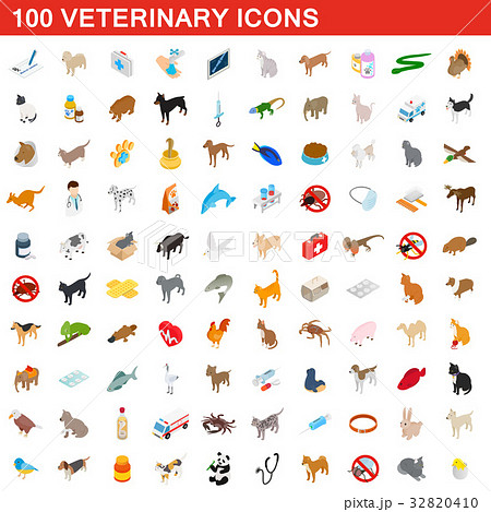 100 veterinary icons set, isometric 3d style 32820410
