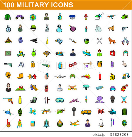 100 military icons set, cartoon style 32823203