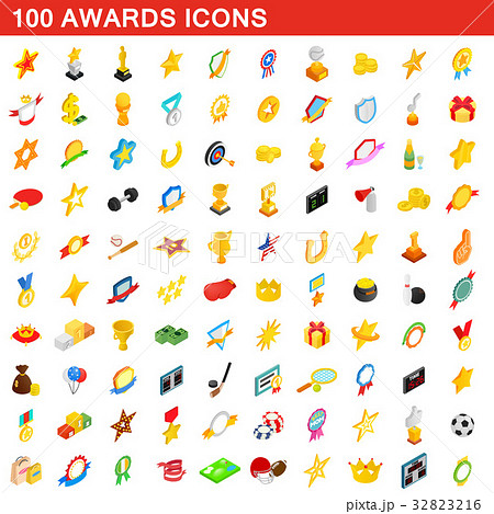 100 awards icons set, isometric 3d style 32823216