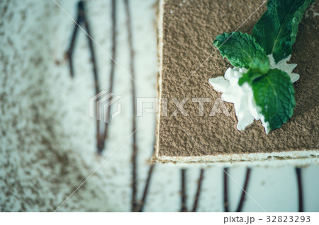 italian dessert tiramisu with mint on a plate with 32823293