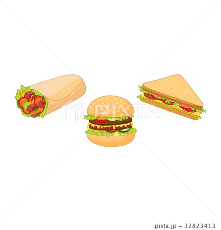Vector sandwich, burger hot dog shawarma roll set. Vector sandwich, burger hot dog shawarma roll set. 32823413