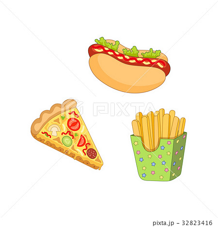 Vector pizza slice, french fries ,hot dog set. Vector pizza slice, french fries ,hot dog set. 32823416