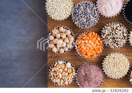 Various superfoods on gray table 32826262