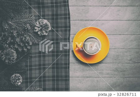 Cappuccino and  pine branch with tartan 32826711