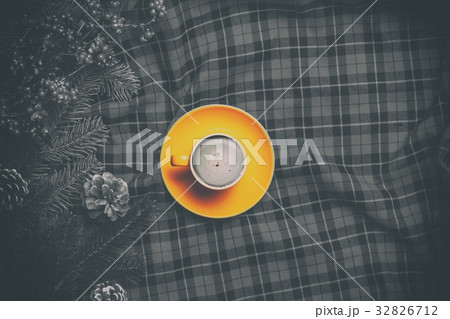 Cappuccino and  pine branch on tartan background 32826712