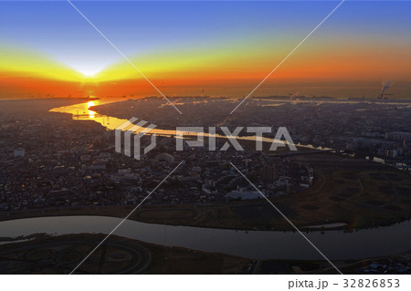 河川の朝焼け/Aerial view 河川の朝焼け/Aerial view 32826853