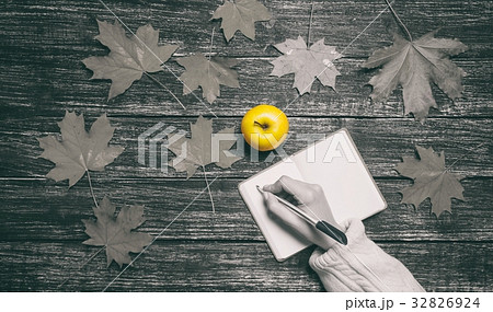 Female hand writing something in to notebook  Female hand writing something in to notebook  32826924