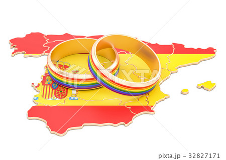 Spanish map with LGBT rainbow rings, 3D rendering 32827171