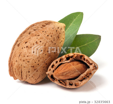 almonds in their skins and peeled with leaf almonds in their skins and peeled with leaf 32835663