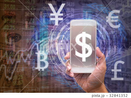 holding smart phone showing the financial technology or FinTech over the innovation technology virtual screen background with Stock market exchange background,business Fin tech network concept 32841352