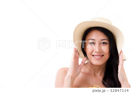 happy, smiling beautiful woman wearing hat 32847114