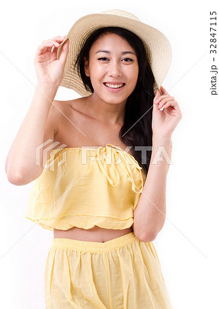 happy, smiling beautiful woman wearing hat 32847115