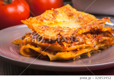 Piece of tasty hot lasagna on a plate Piece of tasty hot lasagna on a plate 32853452